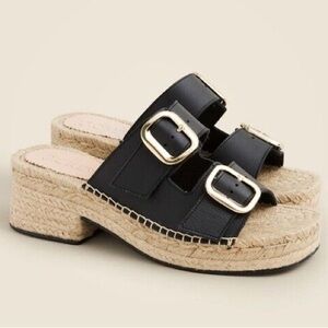 J. Crew CA017 Black & Gold Genuine‎ Leather Made in Spain Espadrille Block Heel